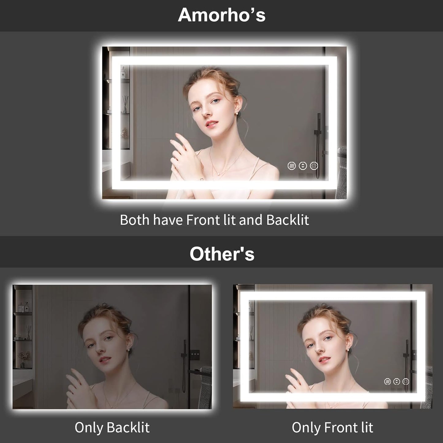 Amorho LED Bathroom Mirror 55''X36'' with Front and Backlight, Large Dimmable Wall Mirrors with Anti-Fog, Shatter-Proof, Memory, 3 Colors, Double LED Vanity Mirror