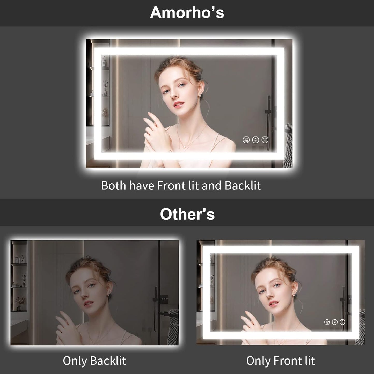 Amorho LED Bathroom Mirror 60" X32" with Front and Backlight, Stepless Dimmable Wall Mirrors with Anti-Fog, Shatter-Proof, Memory, 3 Colors, Double LED Vanity Mirror