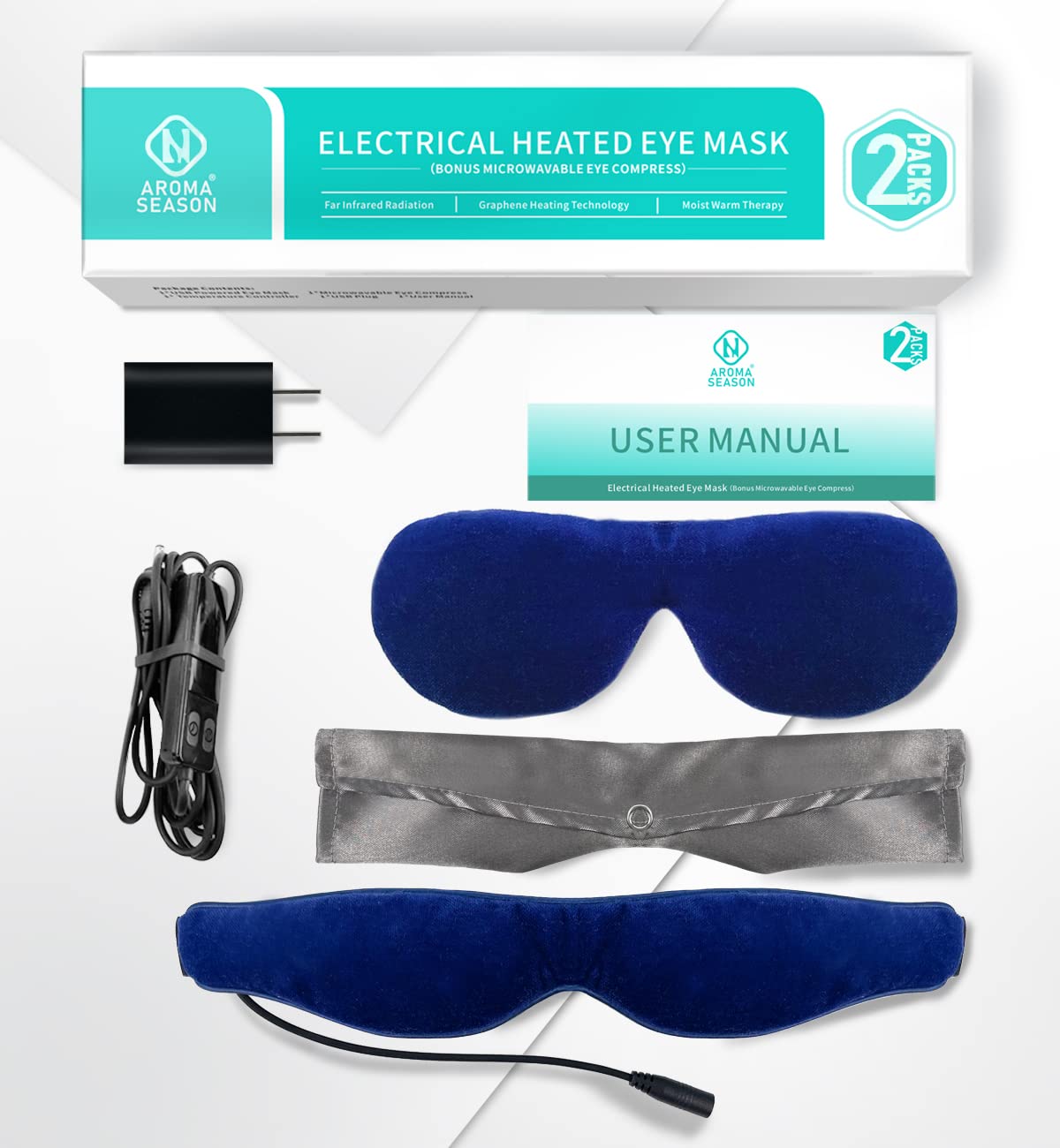 Aroma Season Electric Heated Eye Mask & Microwavable Heat Eye Compress with Flaxseed for Dry Eyes, SPA Warm Eye Mask, Relief Eye Fatigue (2 packs) Blue