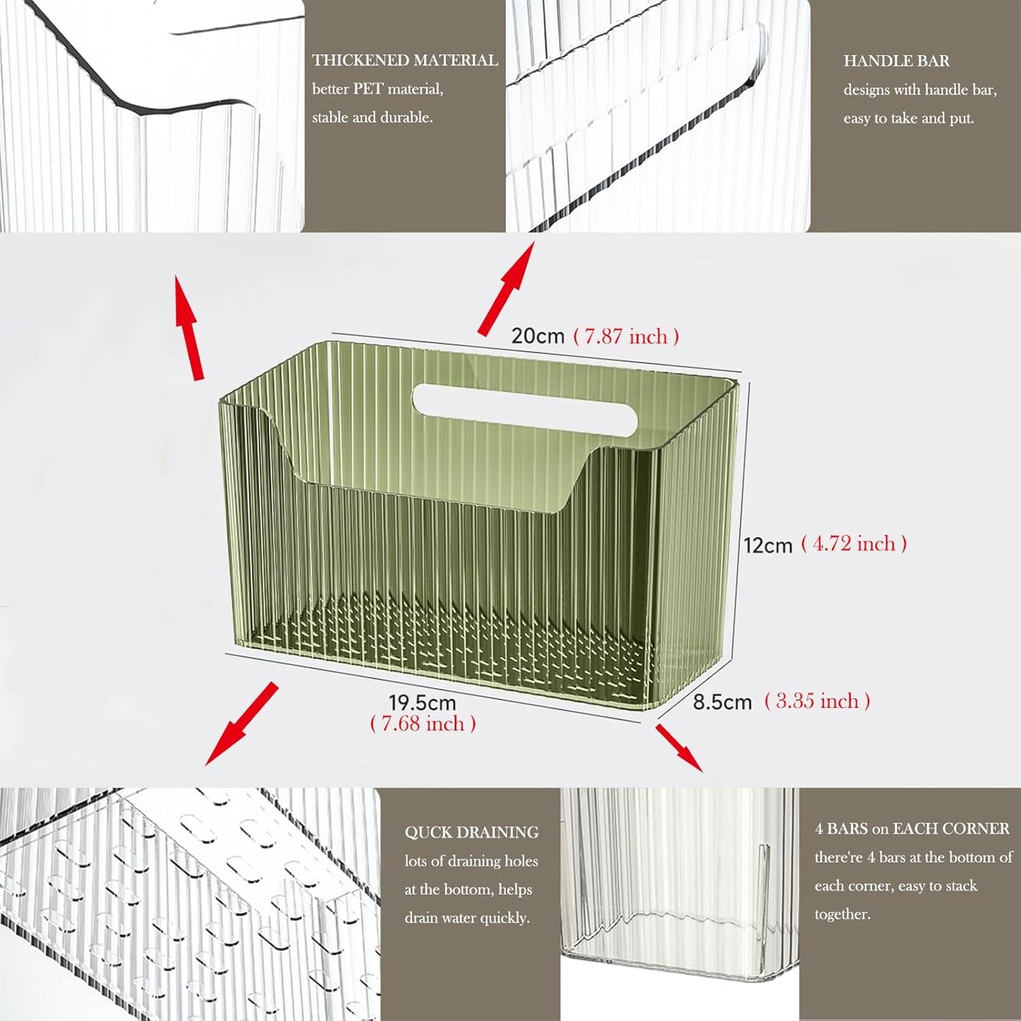 Set Of 2 Storage Organizer Bins Wall Mounted Shower Basket, Shower Caddy Stackable Clear Plastic Makeup Organizer Adhesive Hanging Bin for Bathroom, Kitchen, Cabinet, Pantry, BPA Free, Green