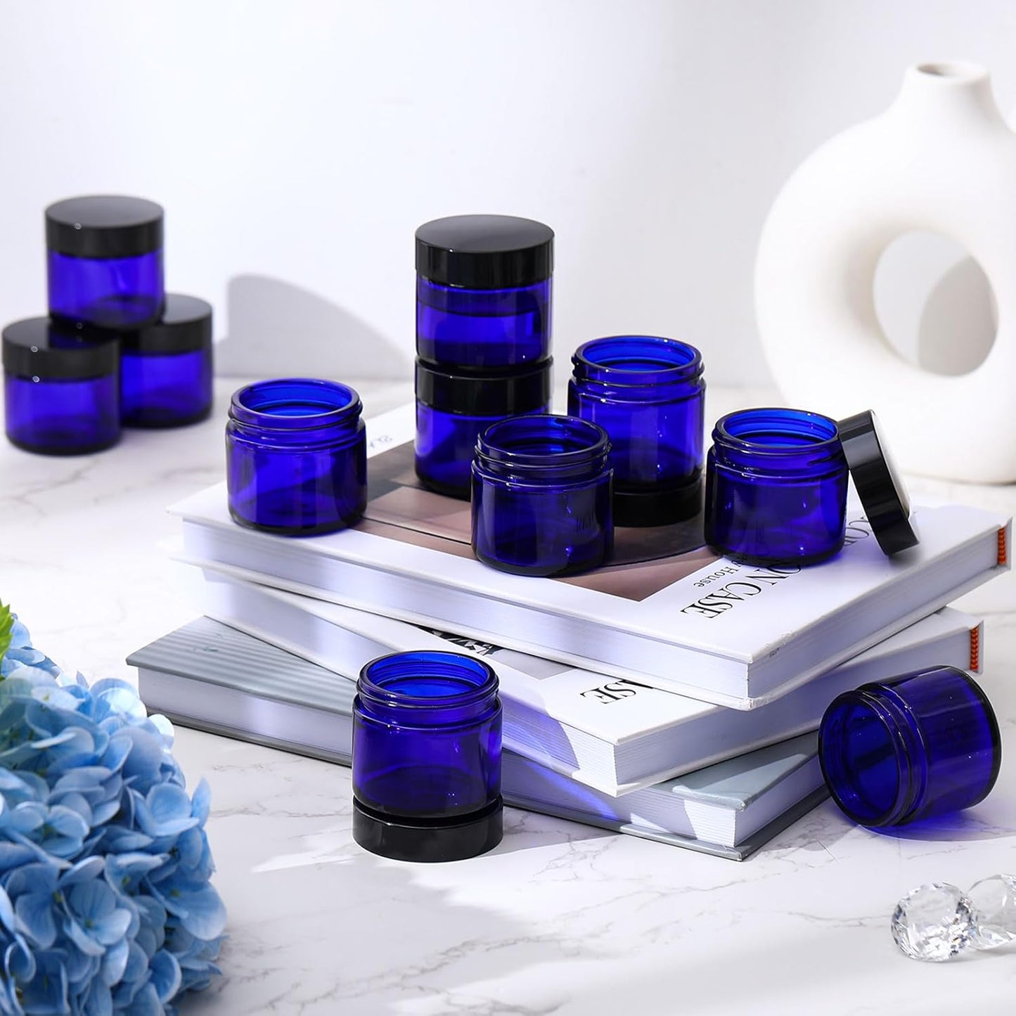 Domensi 32 Pcs 2 oz Glass Jars with Lids Travel Size Round Leakproof Empty Cosmetic Jars with Inner Liners Lid for Storing Makeup Lotions Face Cream Ointments Candle DIY Making (Cobalt Blue)