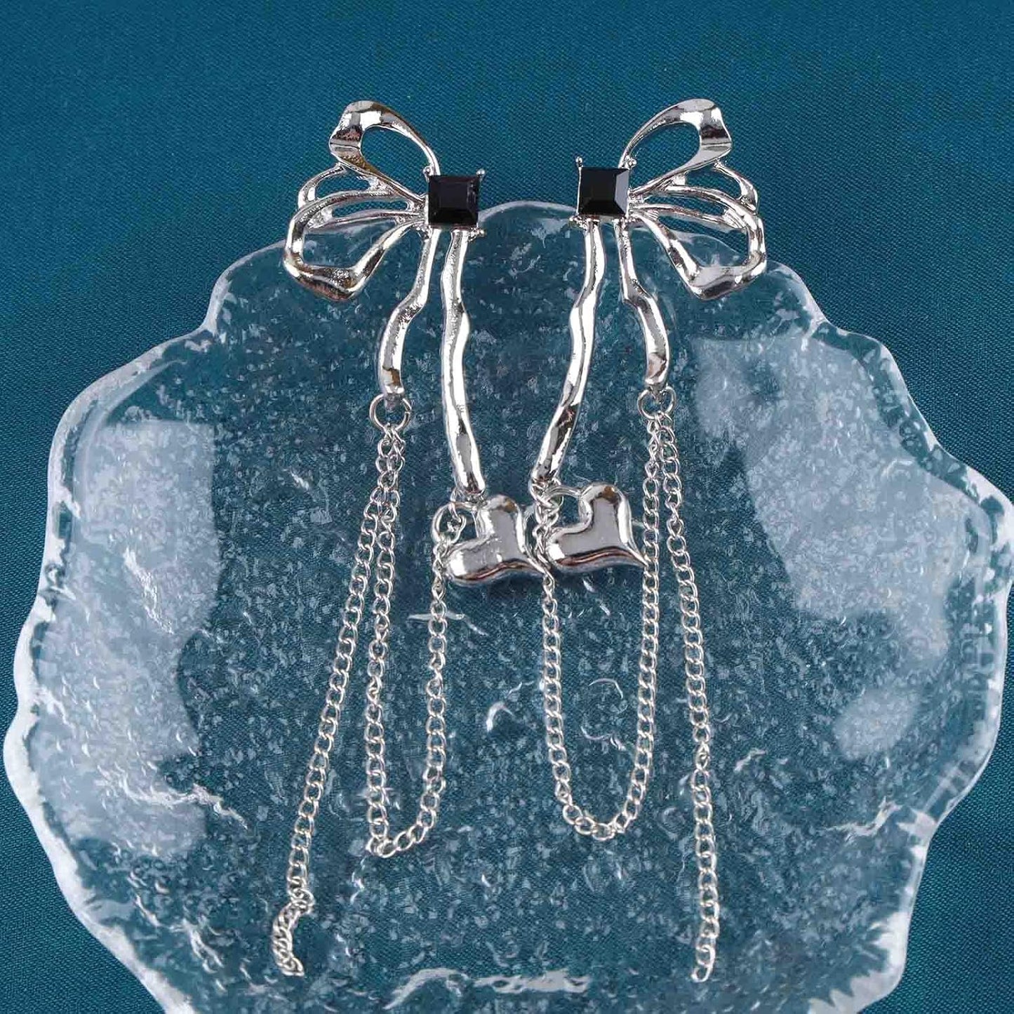 Vintage Butterfly Dangle Earrings Long Butterfly Chain Tassel Earrings Silver Puffy Heart Drop Earrings Black Onyx Butterfly Earrings Jewelry for Women