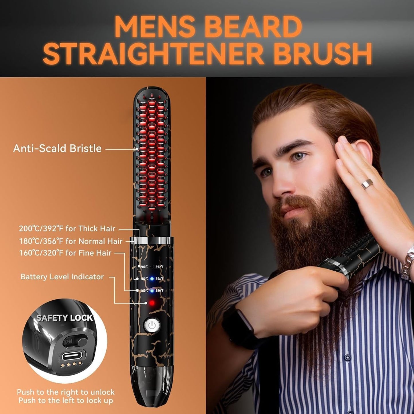 Beard Straightener for Men, Cordless Beard Heated Brush and Hair Straightener Hot Comb with 3 Temp Settings, Anti-Scald, Ionic Technology for Home Travel