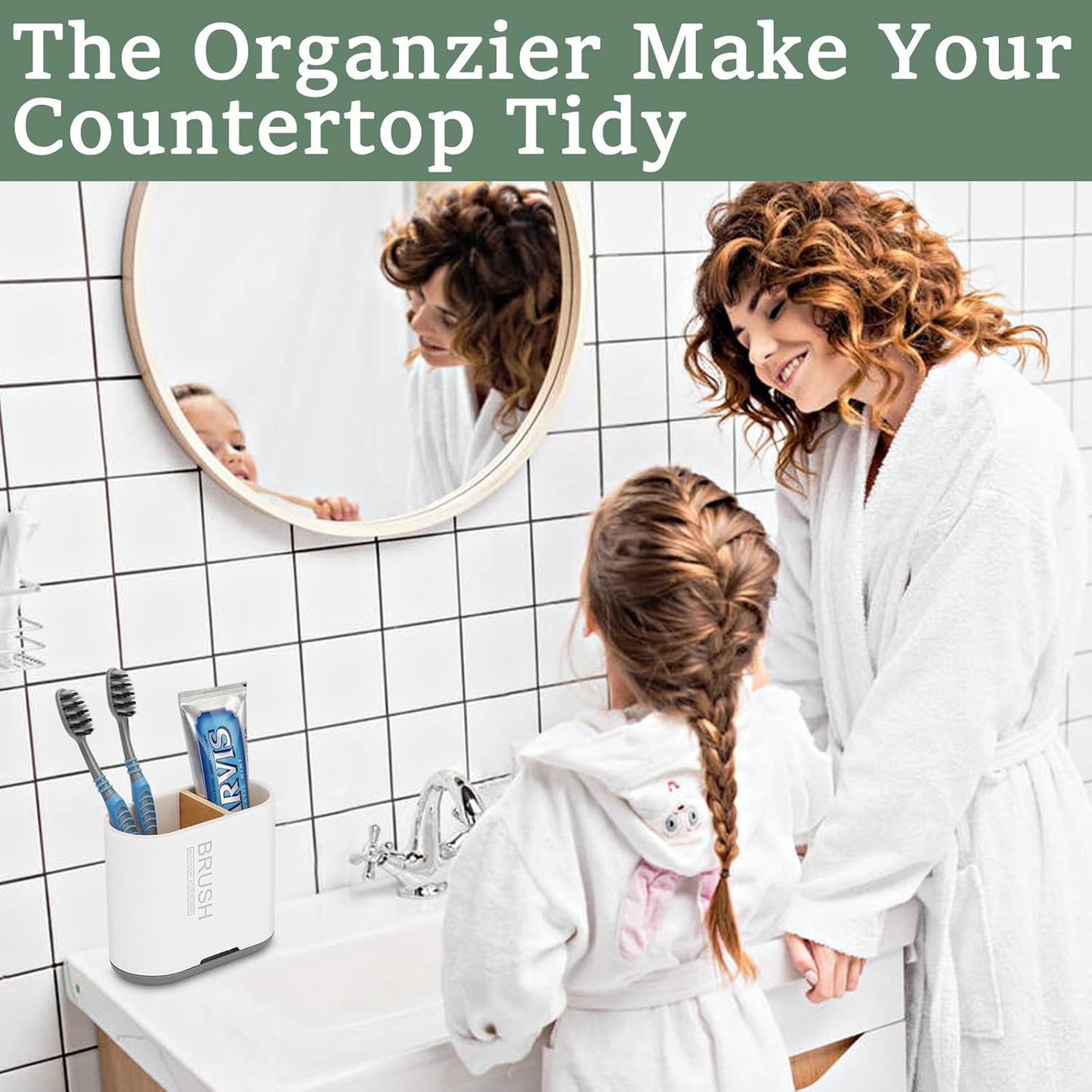 Toothbrush and Toothpaste Holder with Bamboo Divider for Bathroom Countertop Organizer, Detachable for Easy Clean, 2 Slots Electric Toothbrush Holders Storage Caddy Drainage for Family-White