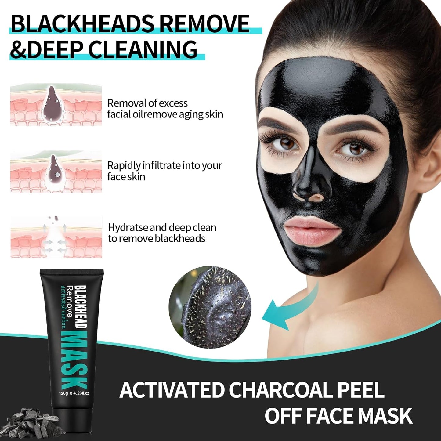 Blackhead Remover Mask - Deep Cleansing Charcoal Peel-Off Mask for Women & Men, Suitable for Oily Skin and All Skin Types, 120g