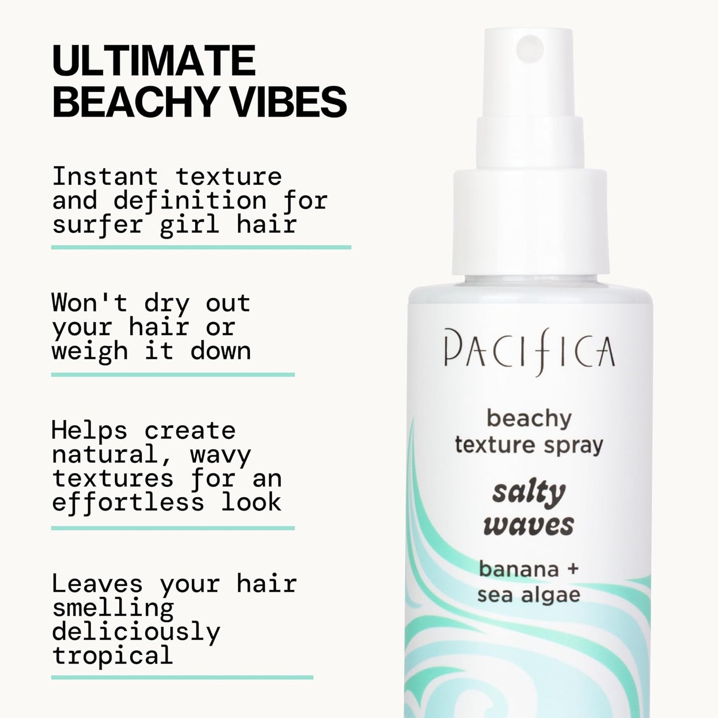 Pacifica Salty Waves Sea Salt Texturizing Spray, Coconut Scent 4oz – Beachy Waves Hair Spray for Tousled Texture & Volume, Surf Salt Spray with Coconut & Sea Algae, Lightweight, Vegan