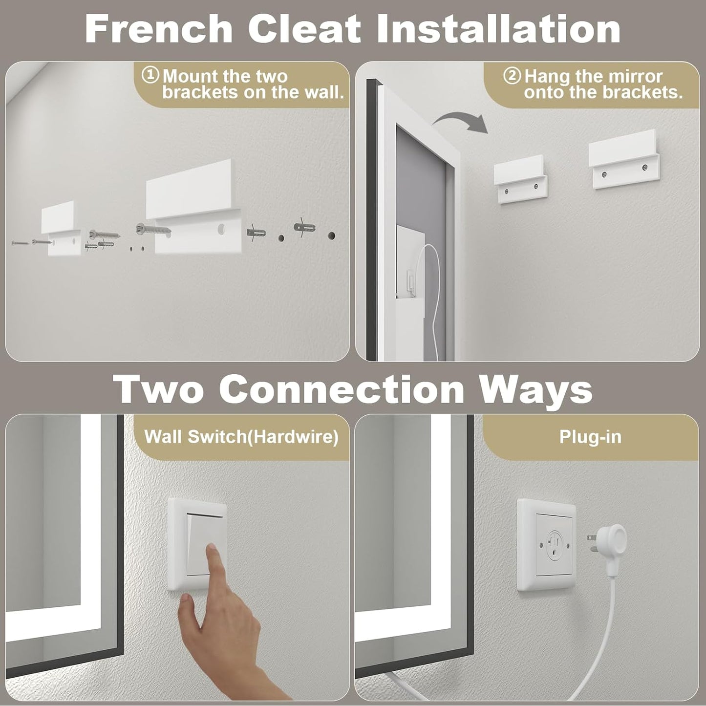 OKPAL 50x40 Black Lighted Mirrors for Bathroom Wall, Framed LED Bathroom Mirror, Defogger, Dimmable, Shatterproof, Memory, 3 Colors, ETL Listed (Front Light and Backlit)