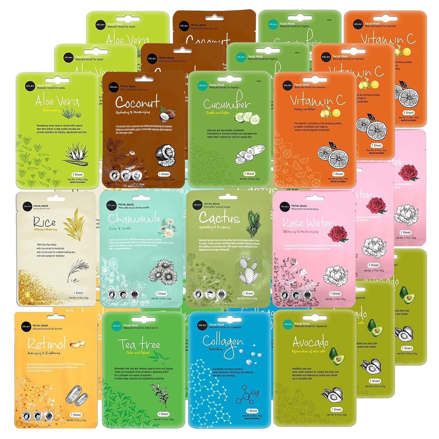 Celavi Essence Facial Face Mask K-Beauty Skincare Korea Skin Care Moisturizing 36 Pack B Set