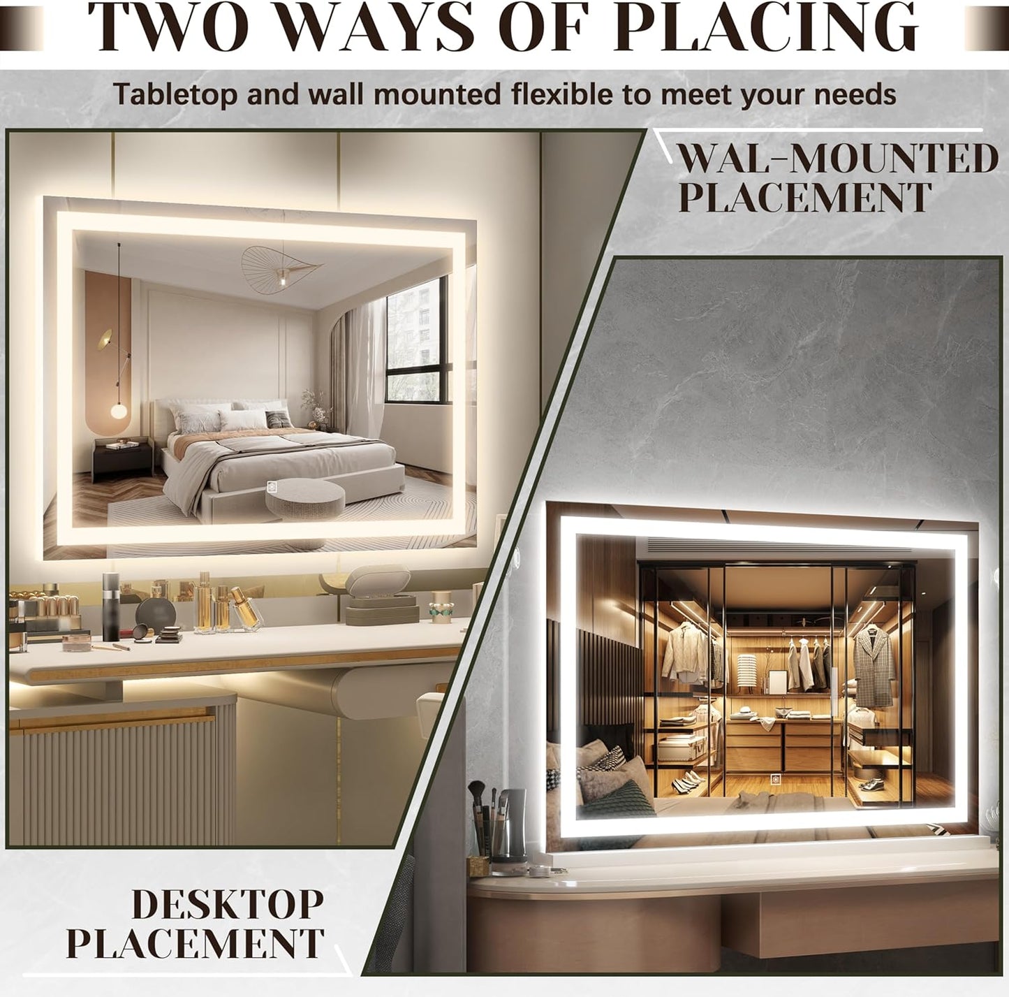 31" x 22" Large Lighted Vanity Mirror with Lights, Dimmable 3 Modes, LED Makeup Mirror for Bathroom & Dressing Room, Tabletop or Wall-Mounted, 10X Magnification, White