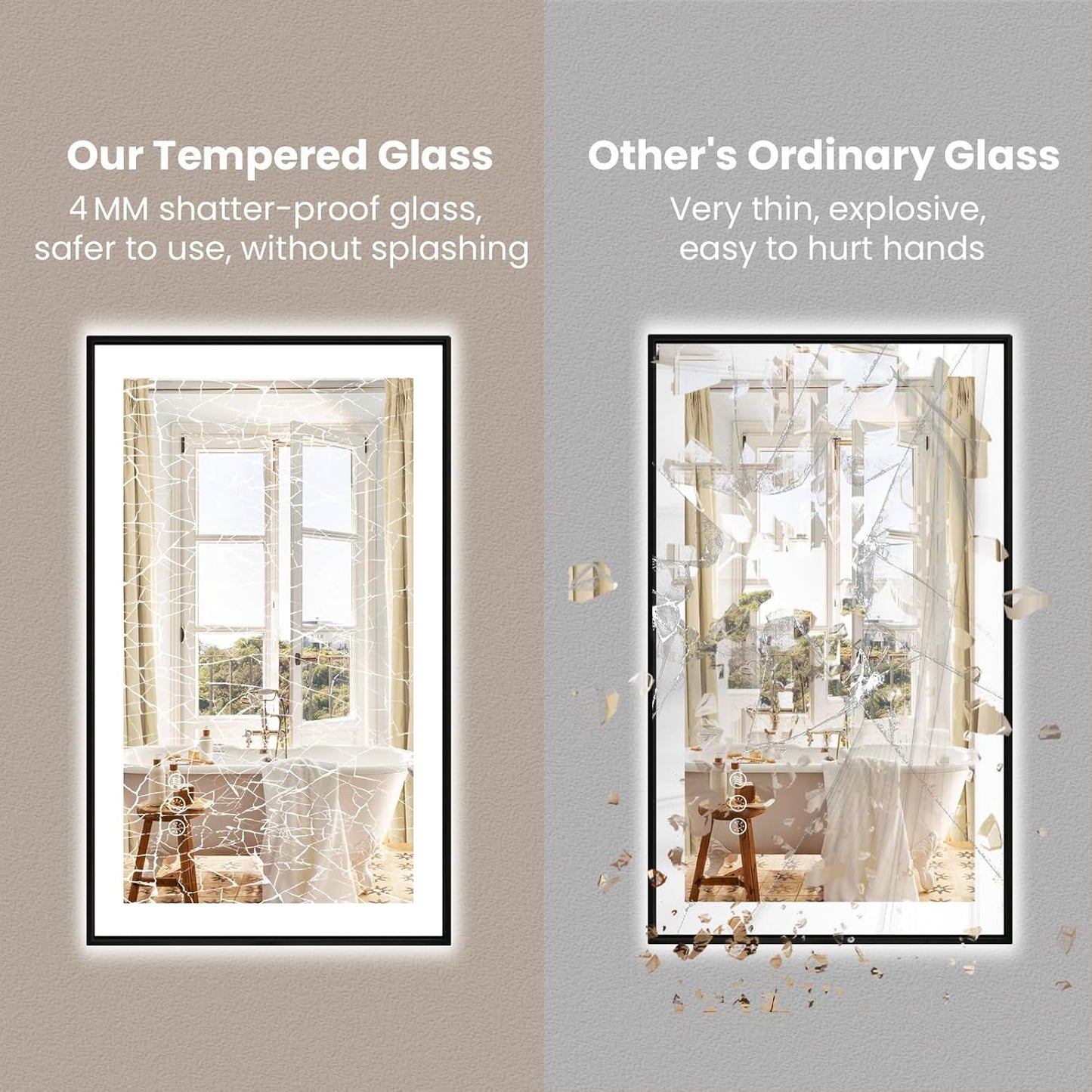 Amorho 48" X36" LED Bathroom Mirror with Black Frame, Front Light and Backlit(Controlled Separately), Stepless Dimmable, Anti-Fog, Shatter-Proof, 3 Colors, Memory