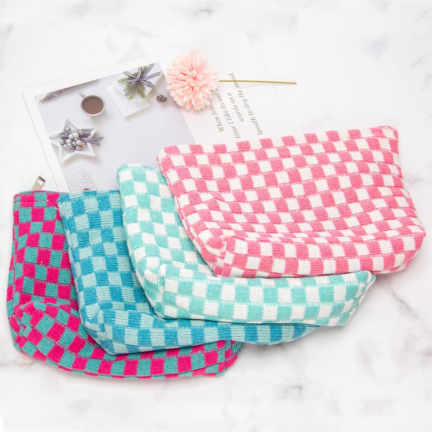 PAZIMIIK Knitted Checkered Makeup Bag Large Zipper Make Up Accessory Pouch for Purse Cosmetic Brush Bag for Travel Essential Arctic Blue