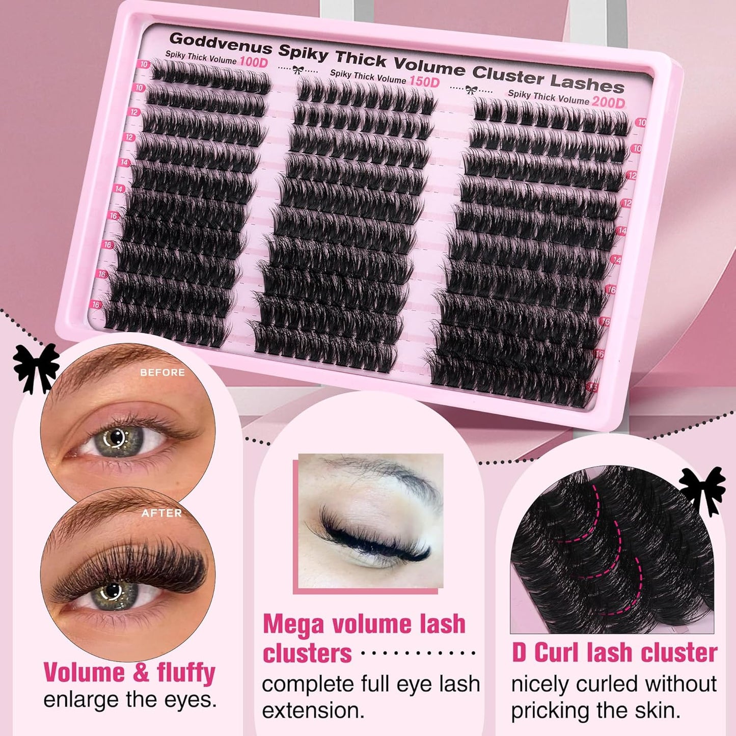 Fluffy Lash Clusters 100-150-200D Volume Eyelash Clusters 10-16mm Wispy Individual Lashes D Curl Cluster Eyelash Extensions 300pcs DIY Lash Extensions(D Curl 300pcs)