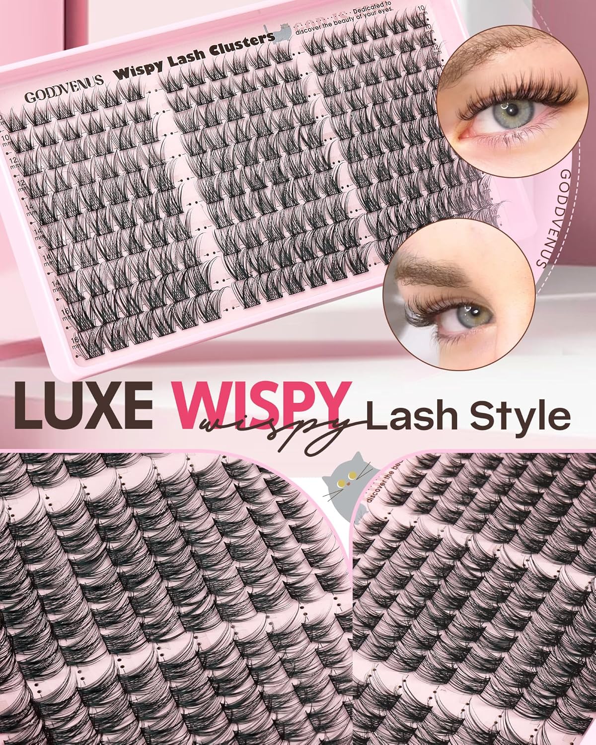 Lash Clusters Kit Wispy Cluster Eyelash Extensions Kit Natural DIY Lash Extension Kit 10-16mm Eyelashes Clusters 180pcs C Curl Individual Lashes Cluster Eyelash (No Tweezers)