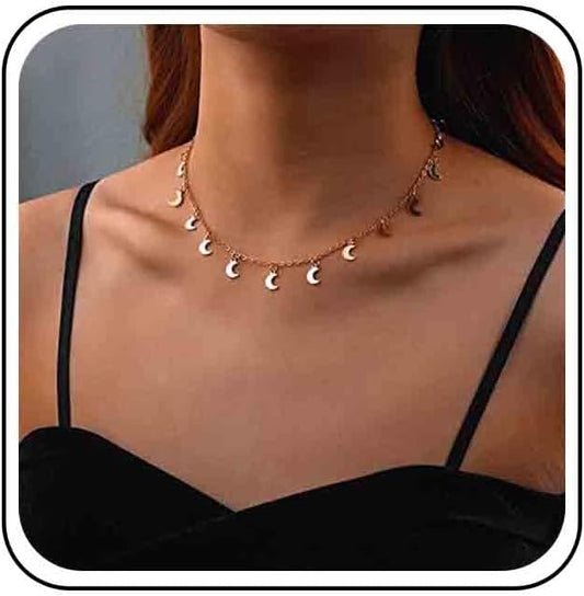 Vintage Moon Dangle Necklace Curved Moon Pendant Necklace Tiny Moon Choker Necklace Gold Minimal Choker Necklace Jewelry for Women