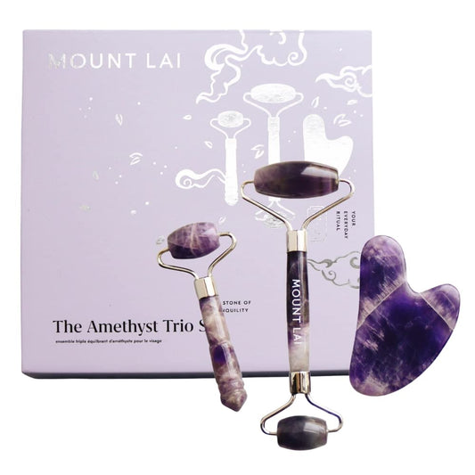 Mount Lai Amethyst Trio Calming Facial Set, Facial Roller and Amethyst Gua Sha Facial Tools Set, Guasha Tool for Face to Relieve Muscle Tension and Reduce Puffiness, Anti Aging Skin Care Sets
