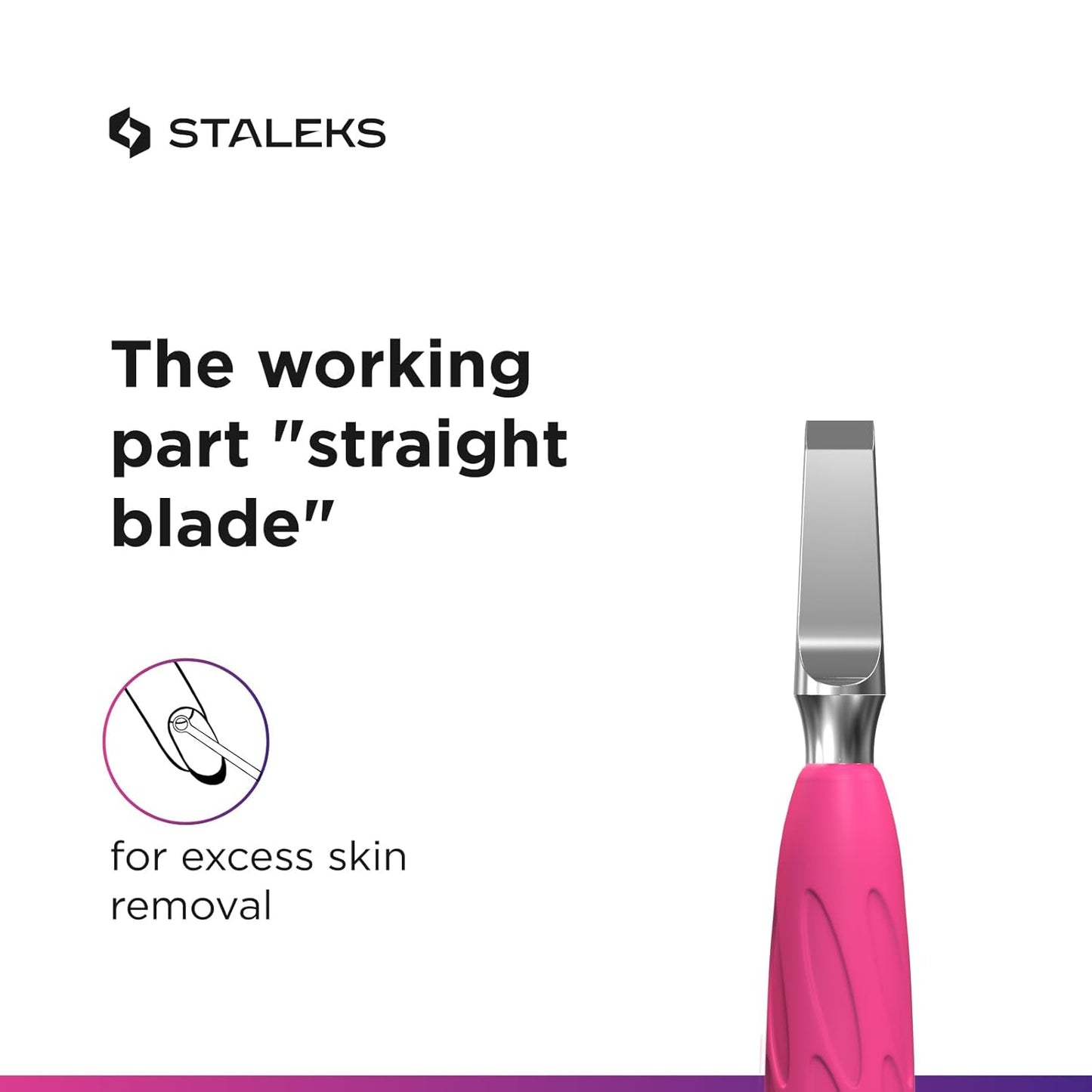 Staleks Manicure pusher Gummy with silicone handle UNIQ 10 TYPE 5 – Stainless Steel – Professional Cuticle Tool (rounded narrow pusher and straight blade)