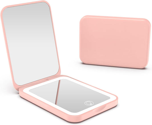 Kintion 2025 Pocket Mirror, Rechargeable Dimmable 3 Color Lighting 1X/3X LED Compact Travel Makeup Mirror for Purse, Portable, Folding, Handheld, Small Lighted Mirror for Women Gift, Pink