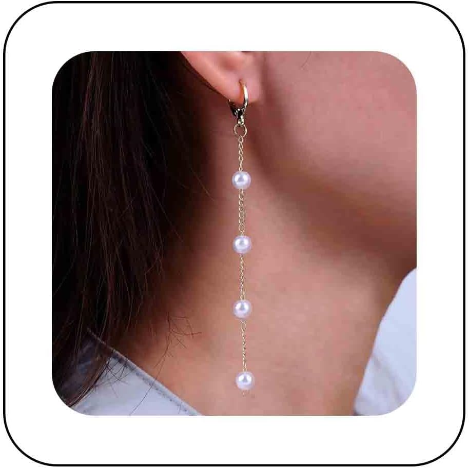 Boho Pearl Dangle Earrings Long Pearl Chain Earrings Gold Pearl Tassel Earrings Vintage Pearl Hoop Huggie Earrings Jewelry for Women