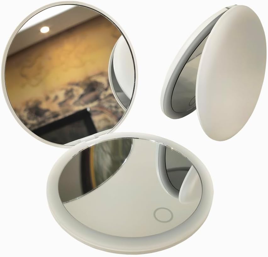 LED Mini Makeup Mirror, Compact Folding Travel Mirror with Touch Control, Round (White, 3.5 inch)