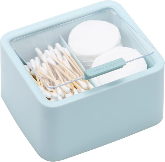 Tecbeauty Large Qtips Holder - 2 Grid Cotton Swab Dispenser, Bathroom Organizer with Cotton Balls, Pads Storage Canisters, Hinged Lids, Blue