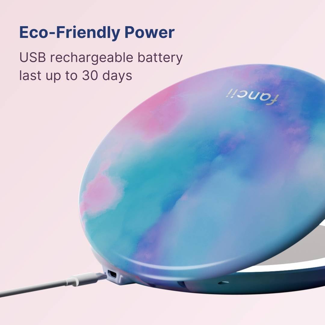 Fancii Taylor Travel Makeup Mirror with LED Light, Rechargeable, 10x /1x Magnifying & 3 Light Settings - Compact, Large 5” Wide Mirror for Handbag and Purses (Lavender Lagoon)