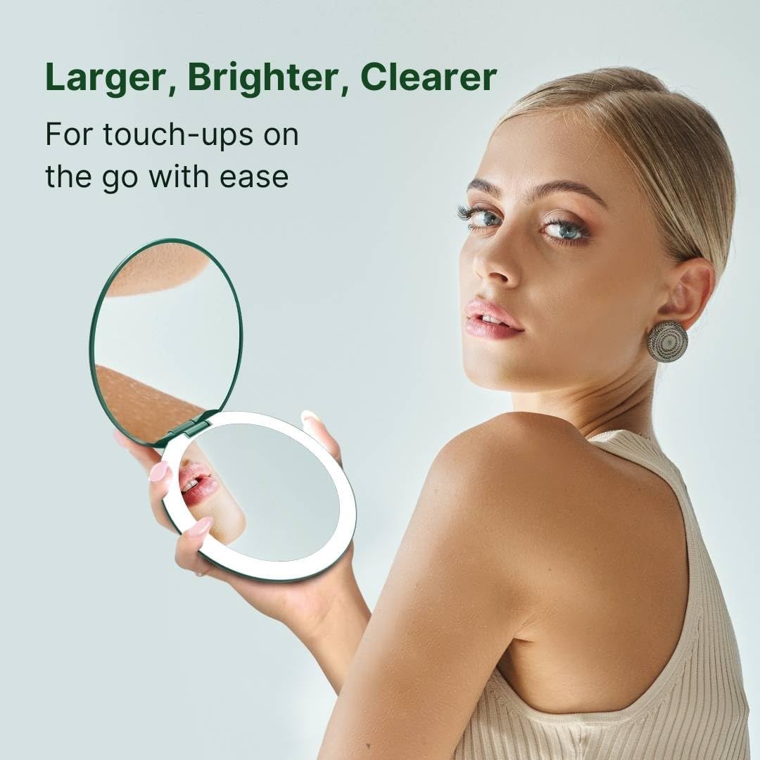 Fancii Taylor Rechargeable Travel Makeup Mirror with LED Lights, 10x /1x Magnifying, 3 Light Settings, Large 5” Wide | Compact Mirror for Purses (Emerald Envy)