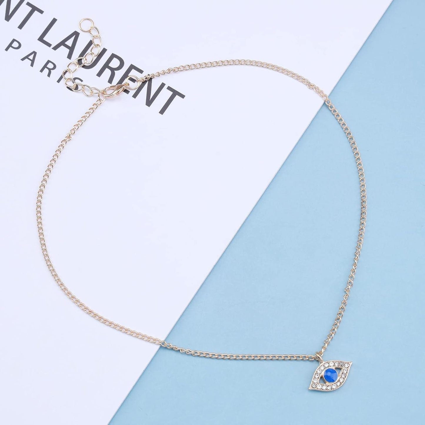 Vintage Rhinestone Evil Eye Pendant Necklace Gold Lucky Eye Choker Necklace Turquoise Eye Chain Necklace Cz Paved Talisman Necklace Protection Chain Jewelry for Women and Girls