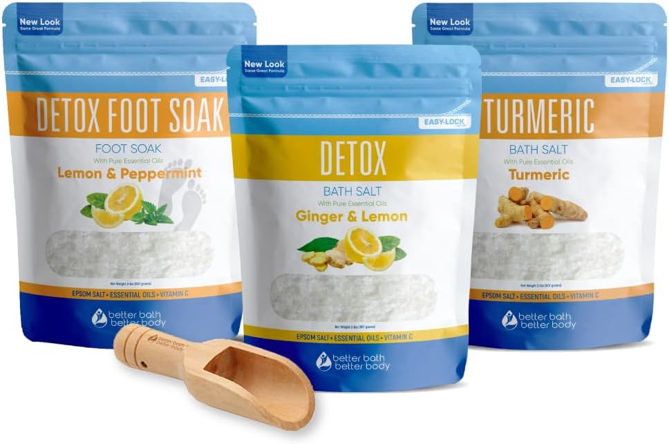 Detox Bath Bundle (3 Pack with Scoop Total 6 Lbs) Detoxifying Soaks with Detox Foot Soak and Turmeric Bath Soak Made with Epsom Salt and Pure Essential Oils Plus Vitamin C Three 2 Lbs Pouches