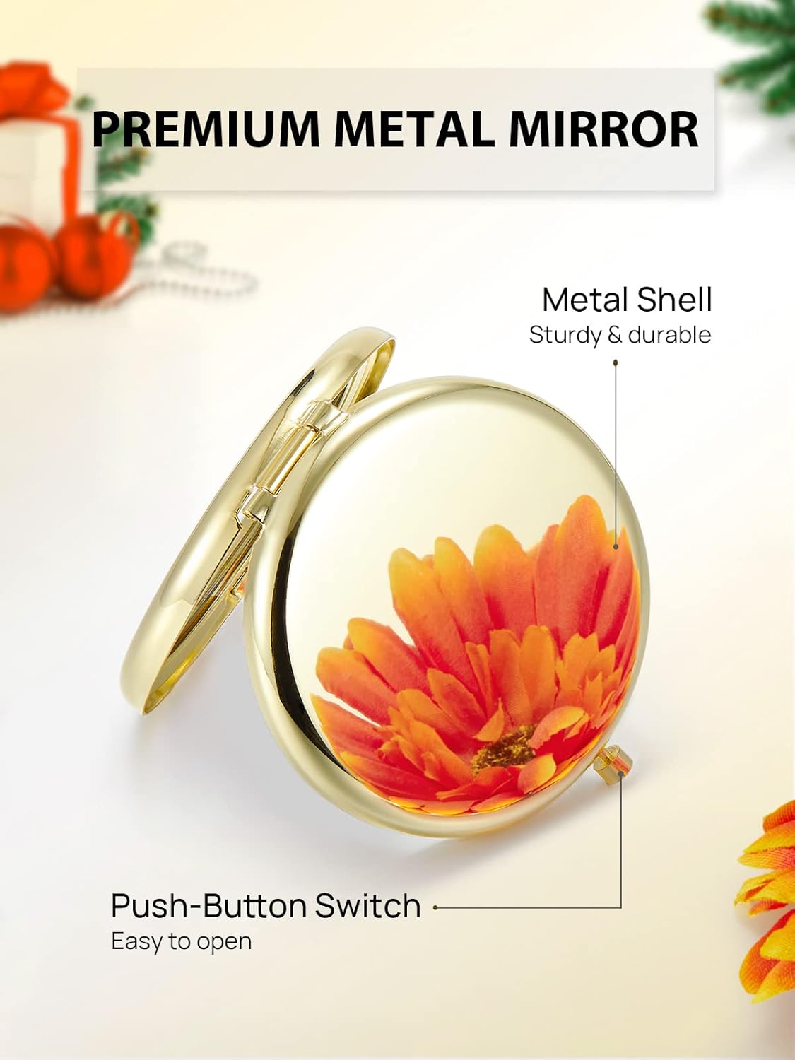 Compact Mirror for Purse, Double-Sided 1X/2X Magnifying Metal Pocket Makeup Mirrors(Round,Gold)