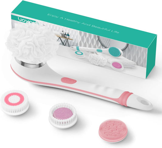 VOYOR Electric Body Brush Back Scrubber for Shower Rechargeable Exfoliating Bath Brush Powered Shower Brush with Non-Slip Long Handle Deep Cleansing, Exfoliation, Massaging Spin Brush BC100 (Pink)