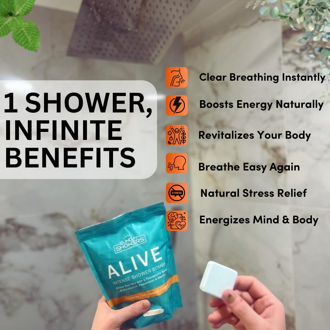 Alive Shower Bombs 10-Pack – Made in USA | Powerful Aromatherapy Steamers with Eucalyptus, Peppermint & Menthol | Energizing Scent for Morning Focus & Breathing Boost | Natural Self Care Gift