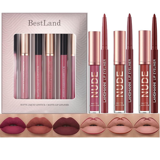 BestLand 6Pcs Matte Liquid Lipstick & Lip Liner Set – Waterproof, Long-Lasting Nude Lip Stain Makeup Kit, Velvety Texture, Gift Set (Vintage Charm Lip Set)