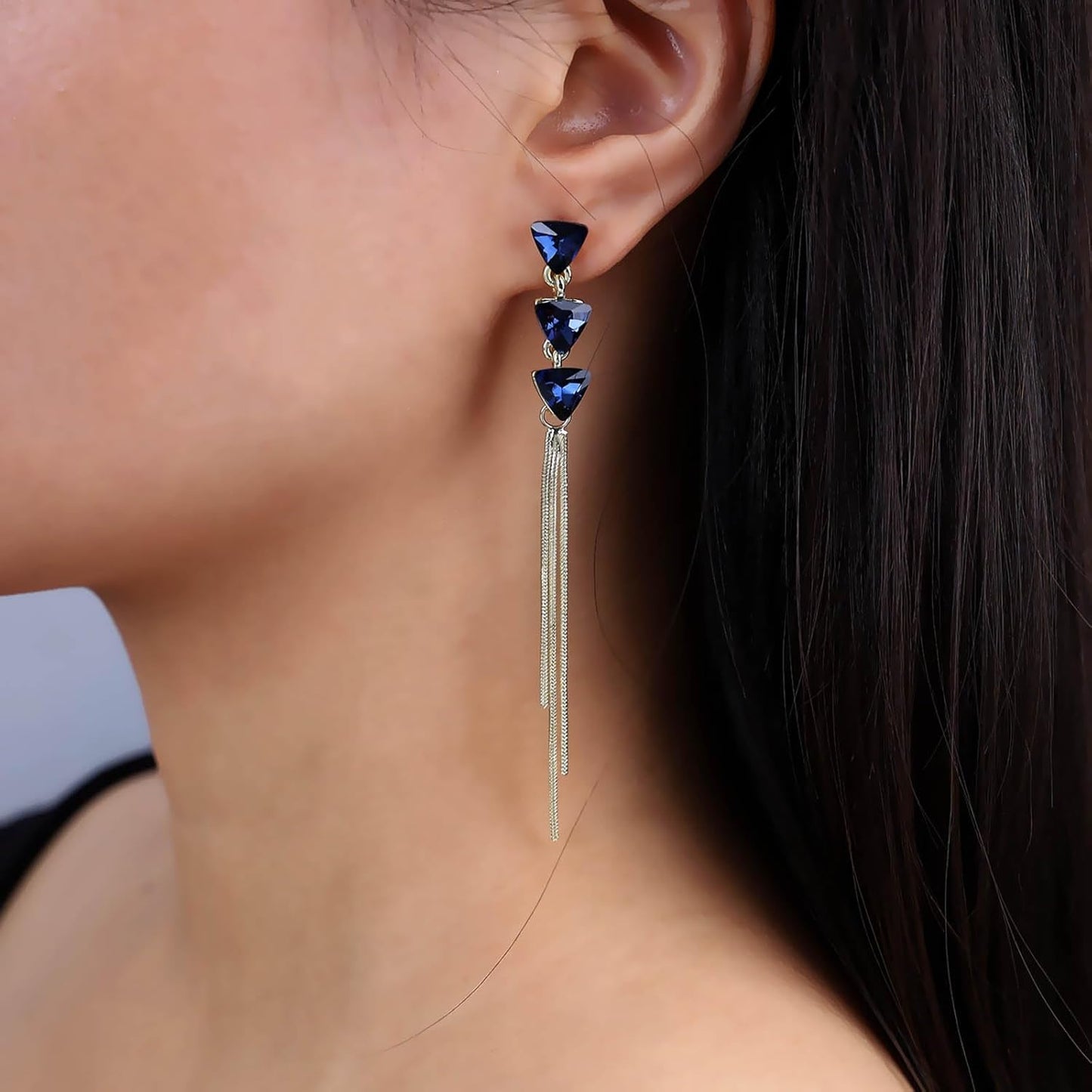 Vintage Sapphire Dangle Earrings Long Blue Crystal Chain Earrings Sapphire Tassel Drop Earrings Gold Sleek Metal Chain Earrings Jewelry for Women