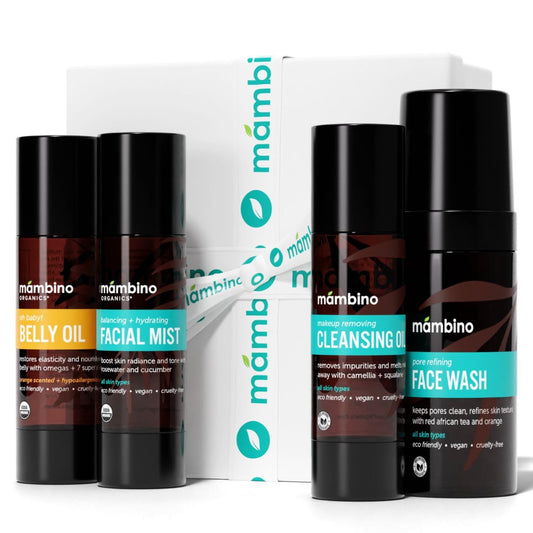 Third Trimester Set – All Natural Skincare Pregnancy Gift Box – Anti-stretch mark Belly Oil, Rose Facial Mist, Cleansing Oil, Face Wash - Mambino Organics