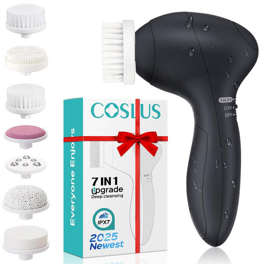 COSLUS Facial Cleansing Brush Silicone Face Scrubber: 7 in 1 FBS-D Electric Exfoliating Rotating Massage Device Waterproof Deep Cleaning Exfoliation Spa Machine - Electronic Skin Care Wash System