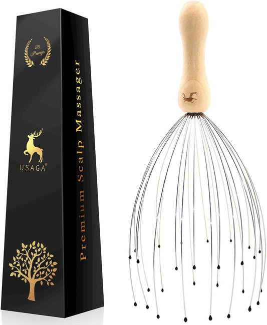 USAGA 28 Finger Head Scratcher, Head Massager, Scalp Massager for Scalp Body Relaxing Wood Handle (1 Pack)