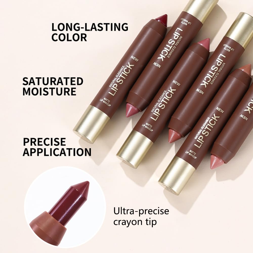 Matte Lipstick Crayon Set for Women, Ruby Red 24 Hour Lipstick Lip Liner Pencil, Neutral Lip Stick Lipliner Long Lasting Waterproof Smudge Proof, Vegan & Cruelty-Free, 04