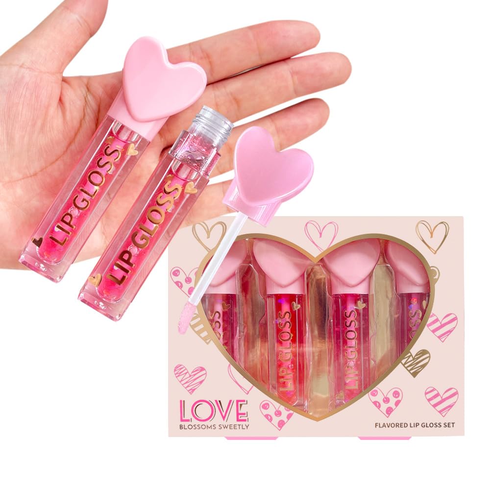 4pc Heart Charm Lip Gloss Stick for Girls - Glossy Fruity Lip Set | Non Toxic Party Favors, Teen Makeup Gift with Cute Topper (4 Pack)
