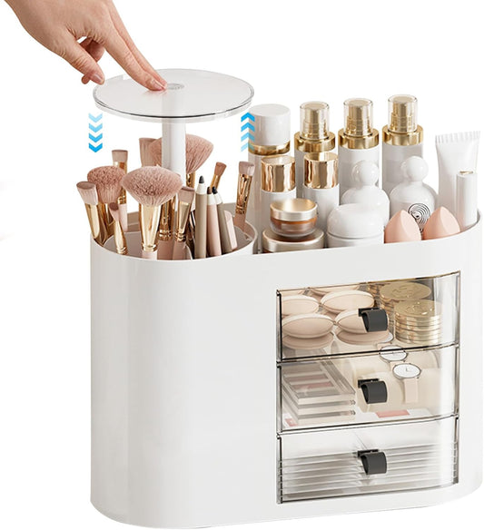 DASITON Makeup Organizer with 3 Drawers,Automatic Lifting Makeup Brush Holder with Lid,Large Capacity Makeup Organizers for Vanity,Bathroom Countertop,Ideal Storage Skin Care,Brushes,Lipstick (White)