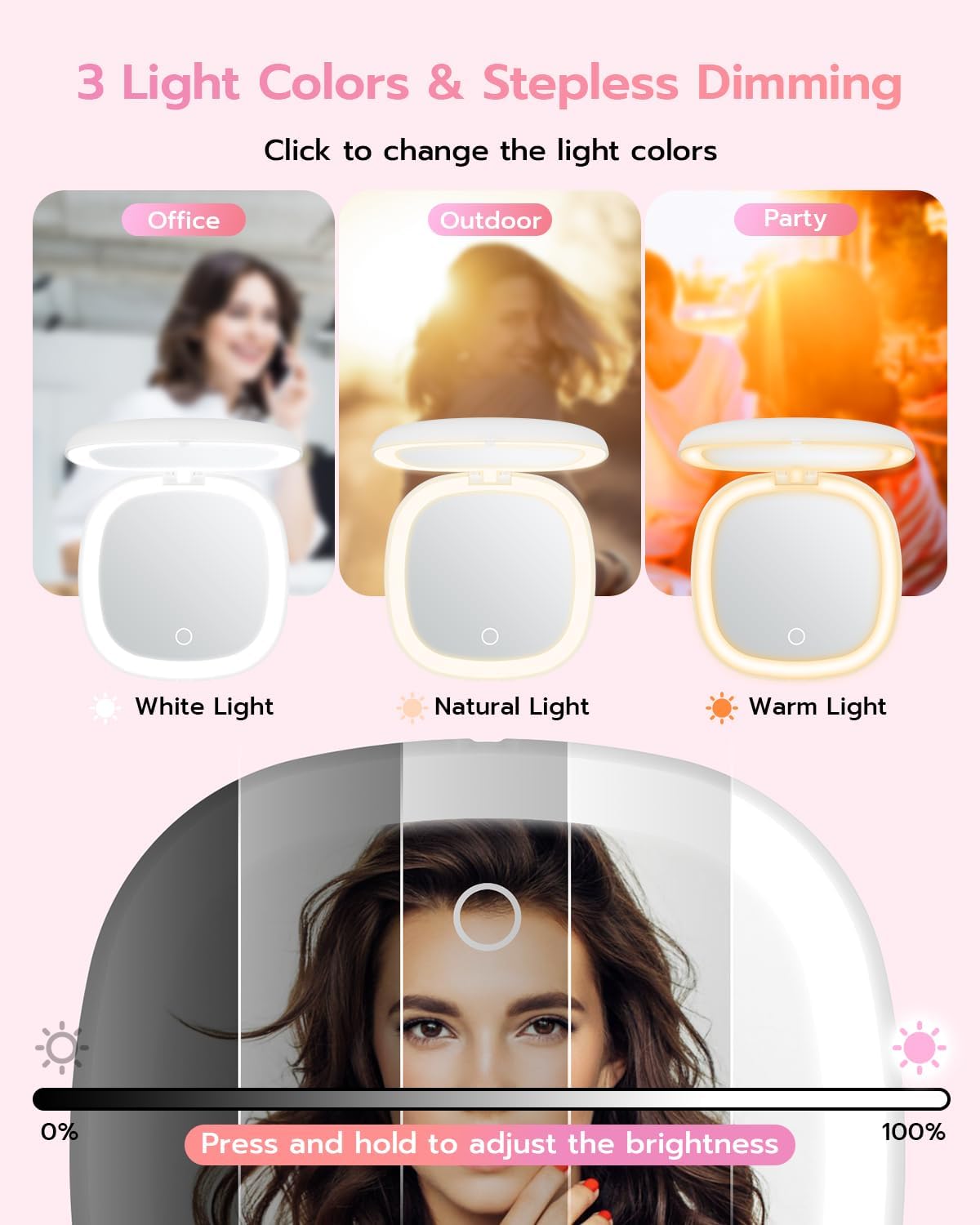 Benbilry 3.9" Rechargeable Compact Makeup Mirror with 3 Light Colors and Magnification 1X / 10X, Double Light Strip Dimmable Small LED Travel Mirror for Purse, White