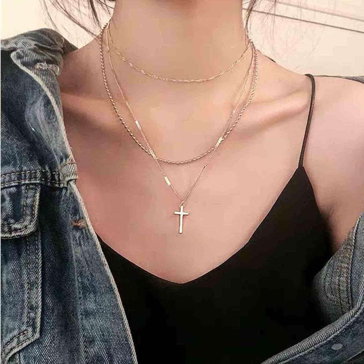 Boho Layered Cross Necklace Choker Gold Cross Pendant Necklace Vintage Multi Layer Necklace Skinny Twist Chain Necklace Jewelry for Women and Girls Religious Gift for Her