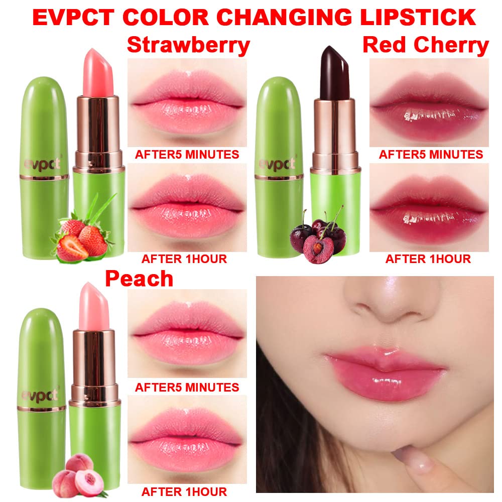 evpct 3Pcs Magic Color Changing Lipstick Long Lasting Waterproof 24 Hours Original for Women, Peach Strawberry Black Red Cherry Pink PH Mood Permanent Color Changing Lipstick Lip Balm, labial magico