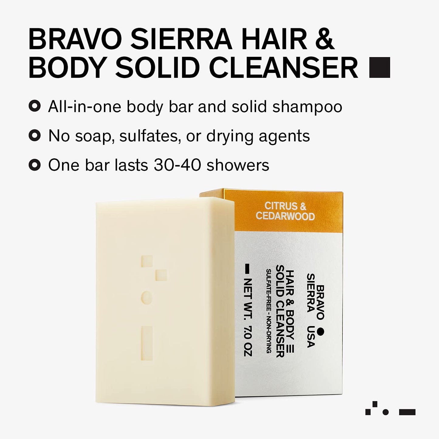 Bravo Sierra Body and Hair Mens Soap Bar, 2-Pack - All-In-One Shampoo & Soap for Face, Hair & Body - Citrus & Cedarwood, 7 oz - Coconut, Shea Butter & Oat Flour for Soft Skin & Healthy Hair