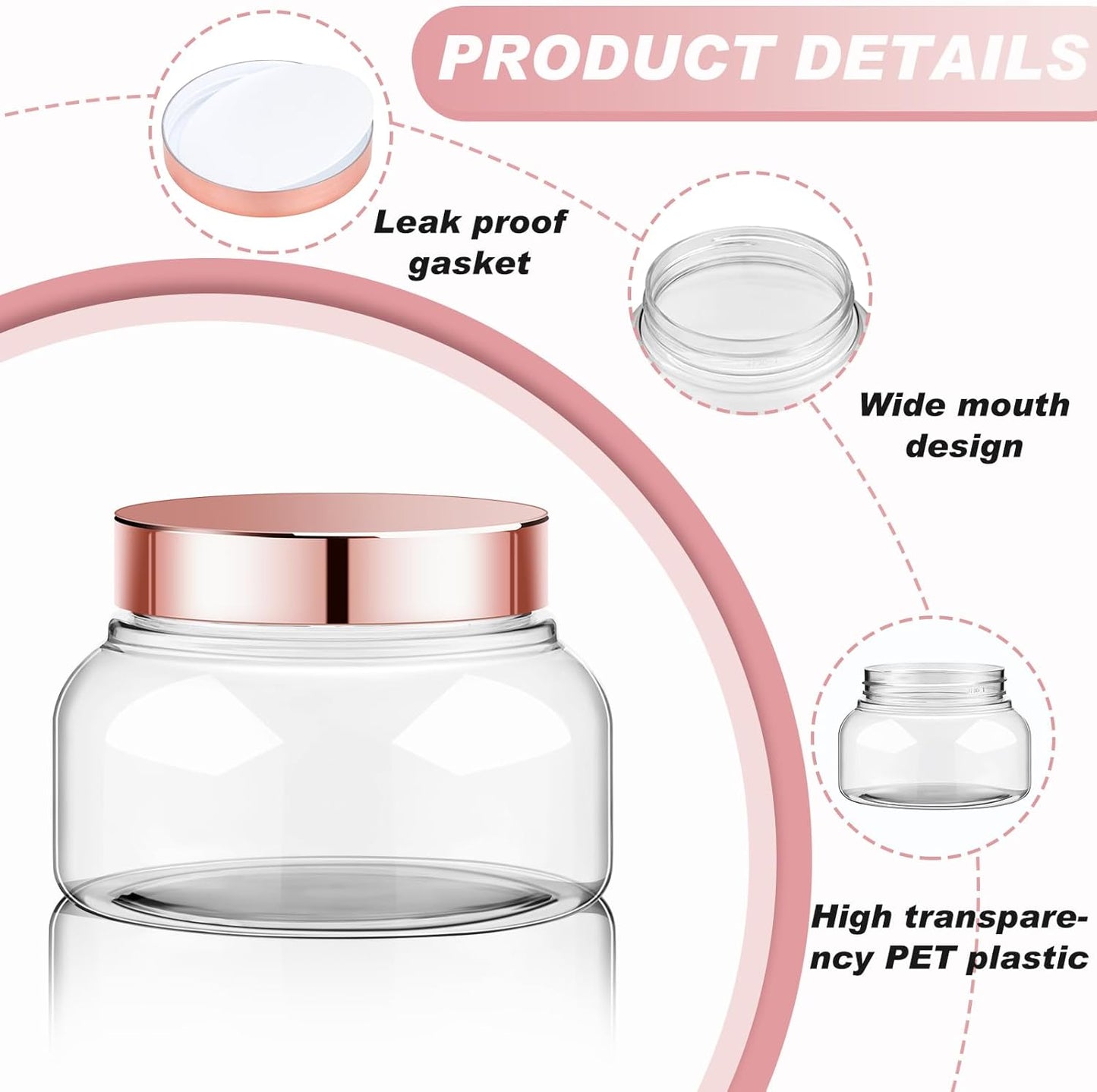 Tessco 24 Pack Plastic Jars with Lids Labels Empty Clear Plastic Jars Round Refillable Cosmetic Containers Body Butter Containers Bulk Sugar Scrub Bottle for Make Up(8 oz,Rose Gold)