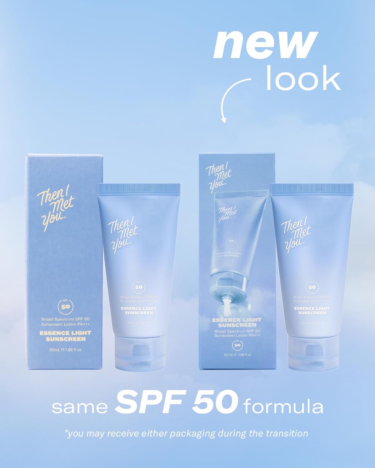 Then I Met You Essence Light Sunscreen, Broad Spectrum SPF 50 Lotion PA+++, with Hyaluronic Acid, Vegan, Cruelty-Free, 1.69 oz