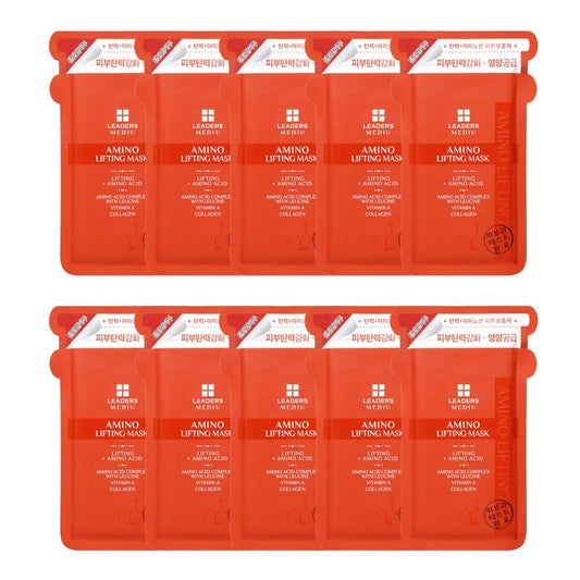 Leaders Mediu Amino Firming & Lifting Facial Sheet Mask | Amino Acid Complex, Vitamin A, Collagen | Reduces Fine Lines, Improves Elasticity, for All Skin Types (10 Sheets)