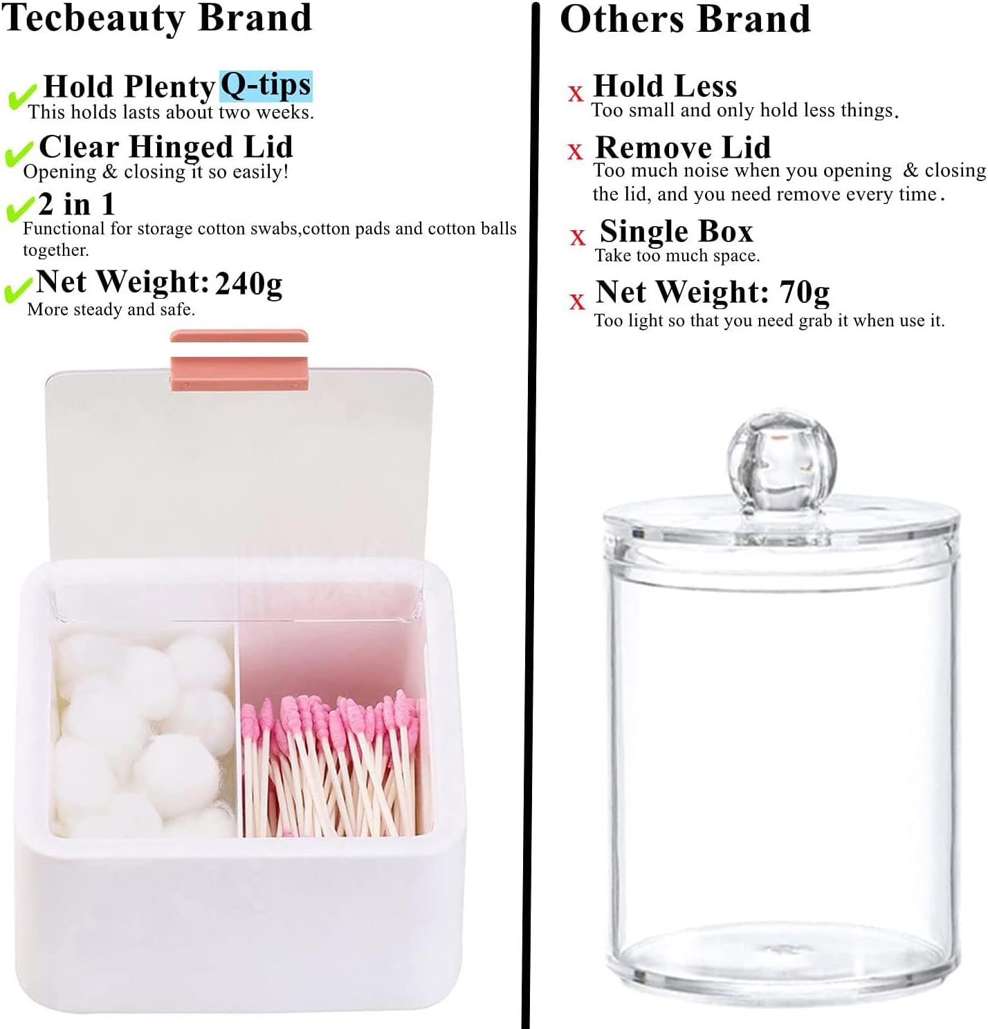 Tecbeauty 2 Slot Cotton Swab Ball Qtip Holder Jar Plastic Container Dispenser Box with Hinged Lid for Bathroom Home Storage Organizer