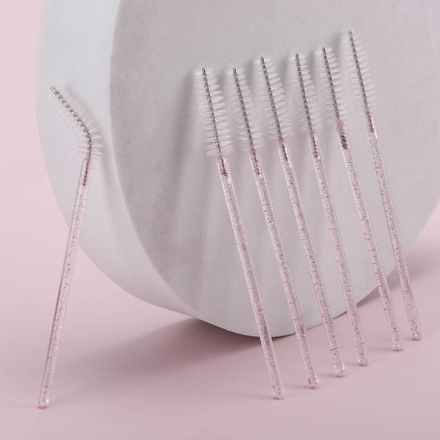 Tbestmax 300 Pcs Disposable Spoolies, Mascara Wand Eyelashes Brushes Applicator for Eyebrow Eye Lash Extension Pink Stick White Head