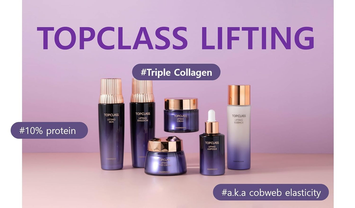 CHARMZONE TOPCLASS Lifting Signature Skincare Set of 4 Includes Toner Emulsion Cream and Control Cream (11.16 oz) , Triple Collagen Firm Skin Valentine Gift for Women