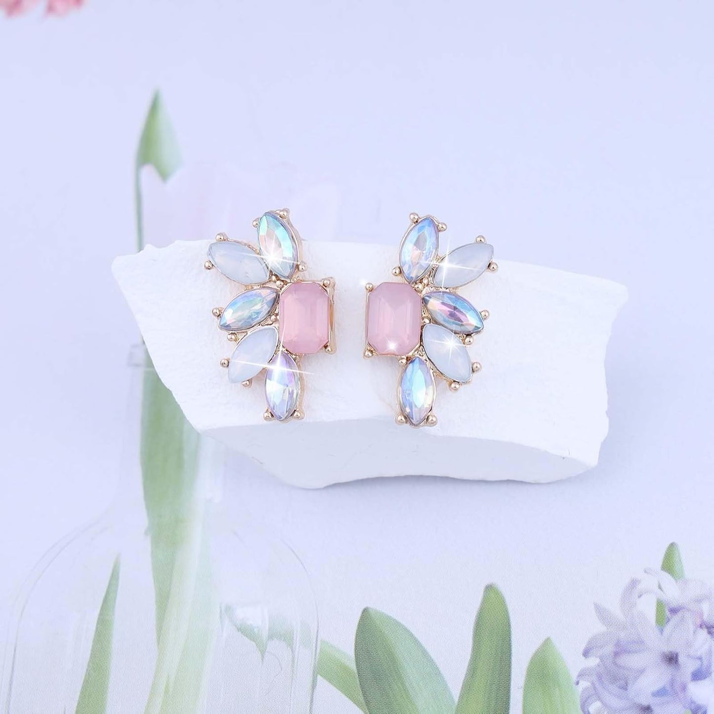 Vintage Rainbow Crystal Drop Earrings Colorful Crystal Earrings Rainbow Rhinestone Stud Earrings Pink Cz Square Earrings Jewelry for Women